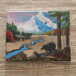 Serene Wilderness Canvas Art with Bear and Cabin
